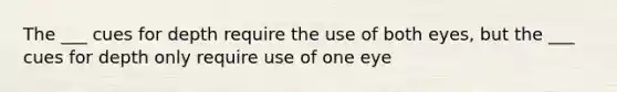 The ___ cues for depth require the use of both eyes, but the ___ cues for depth only require use of one eye