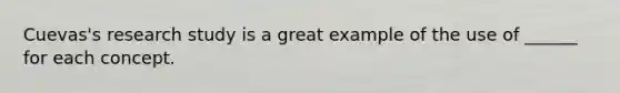 Cuevas's research study is a great example of the use of ______ for each concept.