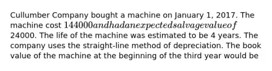 Cullumber Company bought a machine on January 1, 2017. The machine cost 144000 and had an expected salvage value of24000. The life of the machine was estimated to be 4 years. The company uses the straight-line method of depreciation. The book value of the machine at the beginning of the third year would be