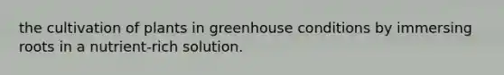 the cultivation of plants in greenhouse conditions by immersing roots in a nutrient-rich solution.