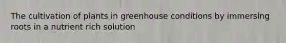 The cultivation of plants in greenhouse conditions by immersing roots in a nutrient rich solution