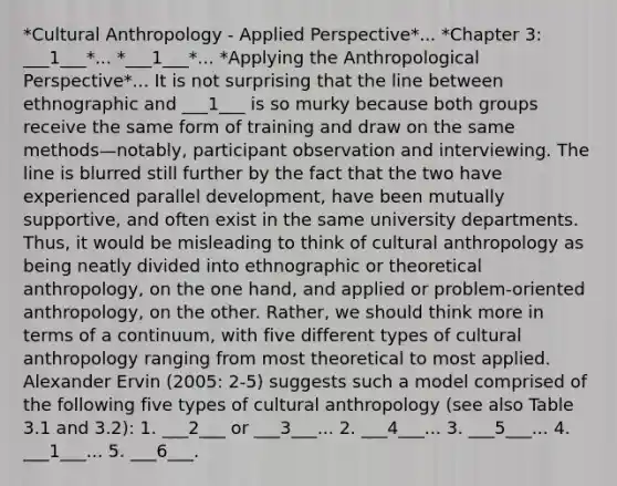 *Cultural Anthropology - Applied Perspective*... *Chapter 3: ___1___*... *___1___*... *Applying the Anthropological Perspective*... It is not surprising that the line between ethnographic and ___1___ is so murky because both groups receive the same form of training and draw on the same methods—notably, participant observation and interviewing. The line is blurred still further by the fact that the two have experienced parallel development, have been mutually supportive, and often exist in the same university departments. Thus, it would be misleading to think of cultural anthropology as being neatly divided into ethnographic or theoretical anthropology, on the one hand, and applied or problem-oriented anthropology, on the other. Rather, we should think more in terms of a continuum, with five different types of cultural anthropology ranging from most theoretical to most applied. Alexander Ervin (2005: 2-5) suggests such a model comprised of the following five types of cultural anthropology (see also Table 3.1 and 3.2): 1. ___2___ or ___3___... 2. ___4___... 3. ___5___... 4. ___1___... 5. ___6___.