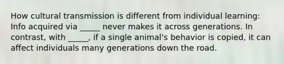 How cultural transmission is different from individual learning: Info acquired via _____ never makes it across generations. In contrast, with _____, if a single animal's behavior is copied, it can affect individuals many generations down the road.