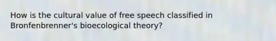 How is the cultural value of free speech classified in Bronfenbrenner's bioecological theory?