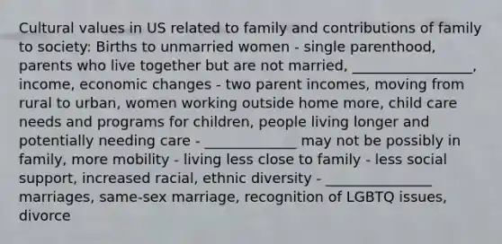 Cultural values in US related to family and contributions of family to society: Births to unmarried women - single parenthood, parents who live together but are not married, _________________, income, economic changes - two parent incomes, moving from rural to urban, women working outside home more, child care needs and programs for children, people living longer and potentially needing care - _____________ may not be possibly in family, more mobility - living less close to family - less social support, increased racial, ethnic diversity - _______________ marriages, same-sex marriage, recognition of LGBTQ issues, divorce