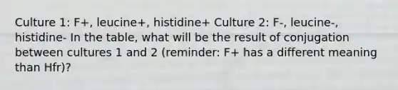 Culture 1: F+, leucine+, histidine+ Culture 2: F-, leucine-, histidine- In the table, what will be the result of conjugation between cultures 1 and 2 (reminder: F+ has a different meaning than Hfr)?