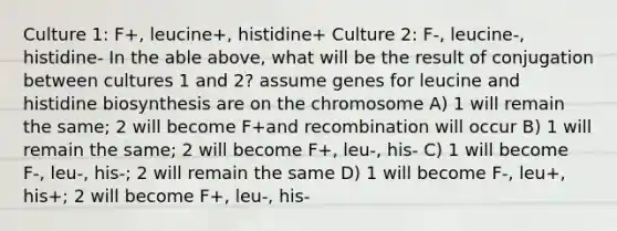 Culture 1: F+, leucine+, histidine+ Culture 2: F-, leucine-, histidine- In the able above, what will be the result of conjugation between cultures 1 and 2? assume genes for leucine and histidine biosynthesis are on the chromosome A) 1 will remain the same; 2 will become F+and recombination will occur B) 1 will remain the same; 2 will become F+, leu-, his- C) 1 will become F-, leu-, his-; 2 will remain the same D) 1 will become F-, leu+, his+; 2 will become F+, leu-, his-