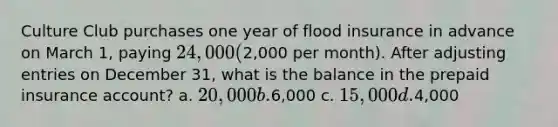 Culture Club purchases one year of flood insurance in advance on March 1, paying 24,000 (2,000 per month). After adjusting entries on December 31, what is the balance in the prepaid insurance account? a. 20,000 b.6,000 c. 15,000 d.4,000