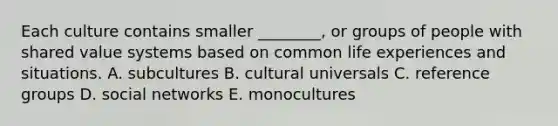 Each culture contains smaller ________, or groups of people with shared value systems based on common life experiences and situations. A. subcultures B. cultural universals C. reference groups D. social networks E. monocultures