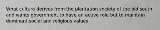 What culture derives from the plantation society of the old south and wants government to have an active role but to maintain dominant social and religious values