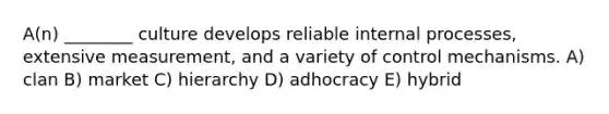 A(n) ________ culture develops reliable internal processes, extensive measurement, and a variety of control mechanisms. A) clan B) market C) hierarchy D) adhocracy E) hybrid