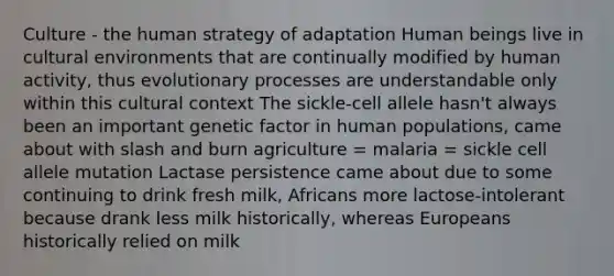 Culture - the human strategy of adaptation Human beings live in cultural environments that are continually modified by human activity, thus evolutionary processes are understandable only within this cultural context The sickle-cell allele hasn't always been an important genetic factor in human populations, came about with slash and burn agriculture = malaria = sickle cell allele mutation Lactase persistence came about due to some continuing to drink fresh milk, Africans more lactose-intolerant because drank less milk historically, whereas Europeans historically relied on milk