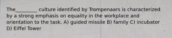 The_________ culture identified by Trompenaars is characterized by a strong emphasis on equality in the workplace and orientation to the task. A) guided missile B) family C) incubator D) Eiffel Tower