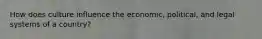 How does culture influence the economic, political, and legal systems of a country?