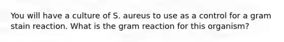 You will have a culture of S. aureus to use as a control for a gram stain reaction. What is the gram reaction for this organism?