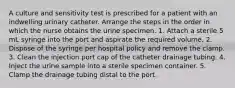 A culture and sensitivity test is prescribed for a patient with an indwelling urinary catheter. Arrange the steps in the order in which the nurse obtains the urine specimen. 1. Attach a sterile 5 mL syringe into the port and aspirate the required volume. 2. Dispose of the syringe per hospital policy and remove the clamp. 3. Clean the injection port cap of the catheter drainage tubing. 4. Inject the urine sample into a sterile specimen container. 5. Clamp the drainage tubing distal to the port.