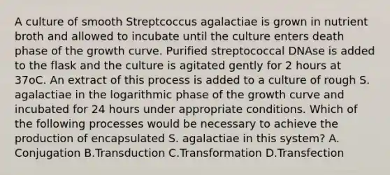 A culture of smooth Streptcoccus agalactiae is grown in nutrient broth and allowed to incubate until the culture enters death phase of the growth curve. Purified streptococcal DNAse is added to the flask and the culture is agitated gently for 2 hours at 37oC. An extract of this process is added to a culture of rough S. agalactiae in the logarithmic phase of the growth curve and incubated for 24 hours under appropriate conditions. Which of the following processes would be necessary to achieve the production of encapsulated S. agalactiae in this system? A. Conjugation B.Transduction C.Transformation D.Transfection