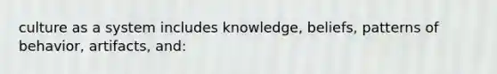 culture as a system includes knowledge, beliefs, patterns of behavior, artifacts, and: