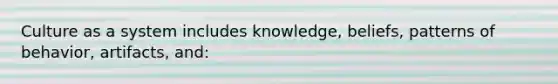 Culture as a system includes knowledge, beliefs, patterns of behavior, artifacts, and: