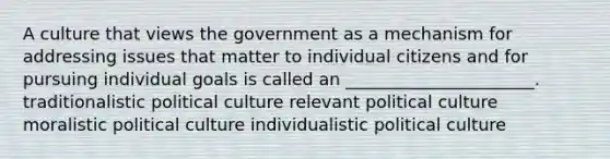 A culture that views the government as a mechanism for addressing issues that matter to individual citizens and for pursuing individual goals is called an ______________________. traditionalistic political culture relevant political culture moralistic political culture individualistic political culture