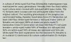 A culture of white-eyed fruit flies (Drosophila melanogaster) was maintained for many generations. Females from the stock white-eyed culture were crossed with red-eyed (wild-type) males. The F1 females were crossed with the white-eyed males from the original culture. The resulting phenotypes of the progeny are summarized below. Parental Generation Cross F1 Generation (at least 500 flies) White-eyed females x red-eyed males 100% of females are red-eyed 100% of males are white-eyed F1 Generation Cross F2 Generation (at least 500 flies) F1 red-eyed females x white-eyed males 50% of females are red-eyed and 50% are white-eyed 50% of males are red-eyed and 50% are white-eyed The best explanation for the red-eyed F1 females is A) mutation C) dominance B) culture contamination D) multiple loci