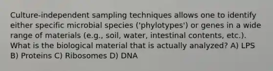 Culture-independent sampling techniques allows one to identify either specific microbial species ('phylotypes') or genes in a wide range of materials (e.g., soil, water, intestinal contents, etc.). What is the biological material that is actually analyzed? A) LPS B) Proteins C) Ribosomes D) DNA