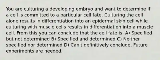 You are culturing a developing embryo and want to determine if a cell is committed to a particular cell fate. Culturing the cell alone results in differentiation into an epidermal skin cell while culturing with muscle cells results in differentiation into a muscle cell. From this you can conclude that the cell fate is: A) Specified but not determined B) Specified and determined C) Neither specified nor determined D) Can't definitively conclude. Future experiments are needed.