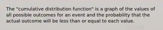 The "cumulative distribution function" is a graph of the values of all possible outcomes for an event and the probability that the actual outcome will be <a href='https://www.questionai.com/knowledge/k7BtlYpAMX-less-than' class='anchor-knowledge'>less than</a> or equal to each value.