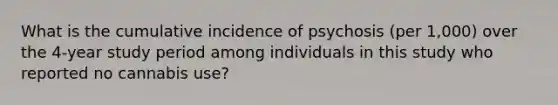 What is the cumulative incidence of psychosis (per 1,000) over the 4-year study period among individuals in this study who reported no cannabis use?