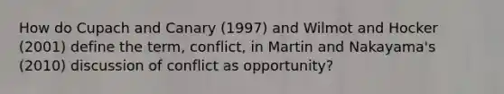 How do Cupach and Canary (1997) and Wilmot and Hocker (2001) define the term, conflict, in Martin and Nakayama's (2010) discussion of conflict as opportunity?