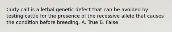 Curly calf is a lethal genetic defect that can be avoided by testing cattle for the presence of the recessive allele that causes the condition before breeding. A. True B. False