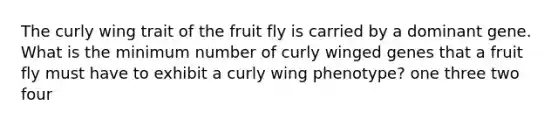 The curly wing trait of the fruit fly is carried by a dominant gene. What is the minimum number of curly winged genes that a fruit fly must have to exhibit a curly wing phenotype? one three two four