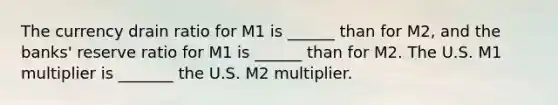 The currency drain ratio for M1 is​ ______ than for​ M2, and the​ banks' reserve ratio for M1 is​ ______ than for M2. The U.S. M1 multiplier is​ _______ the U.S. M2 multiplier.