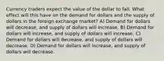 Currency traders expect the value of the dollar to fall. What effect will this have on the demand for dollars and the supply of dollars in the foreign exchange market? A) Demand for dollars will decrease, and supply of dollars will increase. B) Demand for dollars will increase, and supply of dollars will increase. C) Demand for dollars will decrease, and supply of dollars will decrease. D) Demand for dollars will increase, and supply of dollars will decrease.