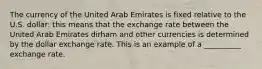 The currency of the United Arab Emirates is fixed relative to the U.S. dollar: this means that the exchange rate between the United Arab Emirates dirham and other currencies is determined by the dollar exchange rate. This is an example of a __________ exchange rate.