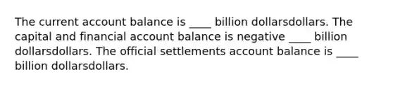 The current account balance is ____ billion dollarsdollars. The capital and financial account balance is negative ____ billion dollarsdollars. The official settlements account balance is ____ billion dollarsdollars.