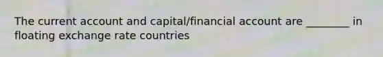 The current account and capital/financial account are ________ in floating exchange rate countries