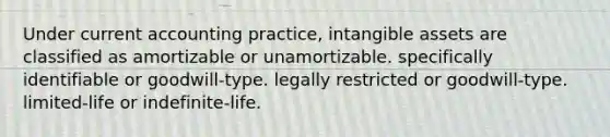 Under current accounting practice, intangible assets are classified as amortizable or unamortizable. specifically identifiable or goodwill-type. legally restricted or goodwill-type. limited-life or indefinite-life.