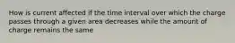 How is current affected if the time interval over which the charge passes through a given area decreases while the amount of charge remains the same