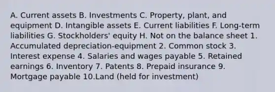 A. Current assets B. Investments C. Property, plant, and equipment D. Intangible assets E. Current liabilities F. Long-term liabilities G. Stockholders' equity H. Not on the balance sheet 1. Accumulated depreciation-equipment 2. Common stock 3. Interest expense 4. Salaries and wages payable 5. Retained earnings 6. Inventory 7. Patents 8. Prepaid insurance 9. Mortgage payable 10.Land (held for investment)