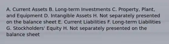 A. Current Assets B. Long-term Investments C. Property, Plant, and Equipment D. Intangible Assets H. Not separately presented on the balance sheet E. Current Liabilities F. Long-term Liabilities G. Stockholders' Equity H. Not separately presented on the balance sheet