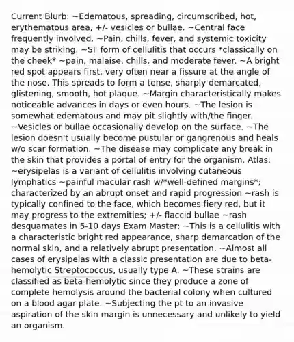 Current Blurb: ~Edematous, spreading, circumscribed, hot, erythematous area, +/- vesicles or bullae. ~Central face frequently involved. ~Pain, chills, fever, and systemic toxicity may be striking. ~SF form of cellulitis that occurs *classically on the cheek* ~pain, malaise, chills, and moderate fever. ~A bright red spot appears first, very often near a fissure at the angle of the nose. This spreads to form a tense, sharply demarcated, glistening, smooth, hot plaque. ~Margin characteristically makes noticeable advances in days or even hours. ~The lesion is somewhat edematous and may pit slightly with/the finger. ~Vesicles or bullae occasionally develop on the surface. ~The lesion doesn't usually become pustular or gangrenous and heals w/o scar formation. ~The disease may complicate any break in the skin that provides a portal of entry for the organism. Atlas: ~erysipelas is a variant of cellulitis involving cutaneous lymphatics ~painful macular rash w/*well-defined margins*; characterized by an abrupt onset and rapid progression ~rash is typically confined to the face, which becomes fiery red, but it may progress to the extremities; +/- flaccid bullae ~rash desquamates in 5-10 days Exam Master: ~This is a cellulitis with a characteristic bright red appearance, sharp demarcation of the normal skin, and a relatively abrupt presentation. ~Almost all cases of erysipelas with a classic presentation are due to beta-hemolytic Streptococcus, usually type A. ~These strains are classified as beta-hemolytic since they produce a zone of complete hemolysis around the bacterial colony when cultured on a blood agar plate. ~Subjecting the pt to an invasive aspiration of the skin margin is unnecessary and unlikely to yield an organism.