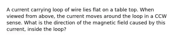 A current carrying loop of wire lies flat on a table top. When viewed from above, the current moves around the loop in a CCW sense. What is the direction of the magnetic field caused by this current, inside the loop?