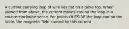 A current carrying loop of wire lies flat on a table top. When viewed from above, the current moves around the loop in a counterclockwise sense. For points OUTSIDE the loop and on the table, the magnetic field caused by this current