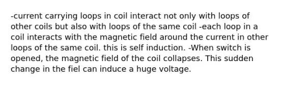 -current carrying loops in coil interact not only with loops of other coils but also with loops of the same coil -each loop in a coil interacts with the magnetic field around the current in other loops of the same coil. this is self induction. -When switch is opened, the magnetic field of the coil collapses. This sudden change in the fiel can induce a huge voltage.