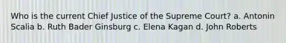 Who is the current Chief Justice of the Supreme Court? a. Antonin Scalia b. Ruth Bader Ginsburg c. Elena Kagan d. John Roberts