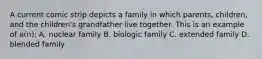 A current comic strip depicts a family in which parents, children, and the children's grandfather live together. This is an example of a(n): A. nuclear family B. biologic family C. extended family D. blended family