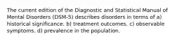 The current edition of the Diagnostic and Statistical Manual of Mental Disorders (DSM-5) describes disorders in terms of a) historical significance. b) treatment outcomes. c) observable symptoms. d) prevalence in the population.