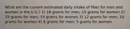 What are the current estimated daily intake of fiber for men and women in the U.S.? 1) 18 grams for men; 15 grams for women 2) 25 grams for men; 19 grams for women 3) 12 grams for men; 10 grams for women 4) 8 grams for men; 5 grams for women