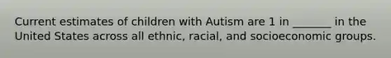 Current estimates of children with Autism are 1 in _______ in the United States across all ethnic, racial, and socioeconomic groups.